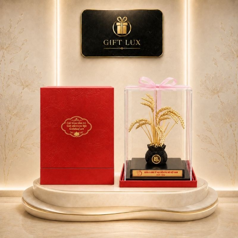 Bông lúa dát vàng 24K quà tặng cao cấp kích thước 23x16cm GL-CC06 đặt trên bệ gỗ đen bóng đi kèm hộp bảo vệ acrylic trong suốt và hộp xi đỏ lót lụa