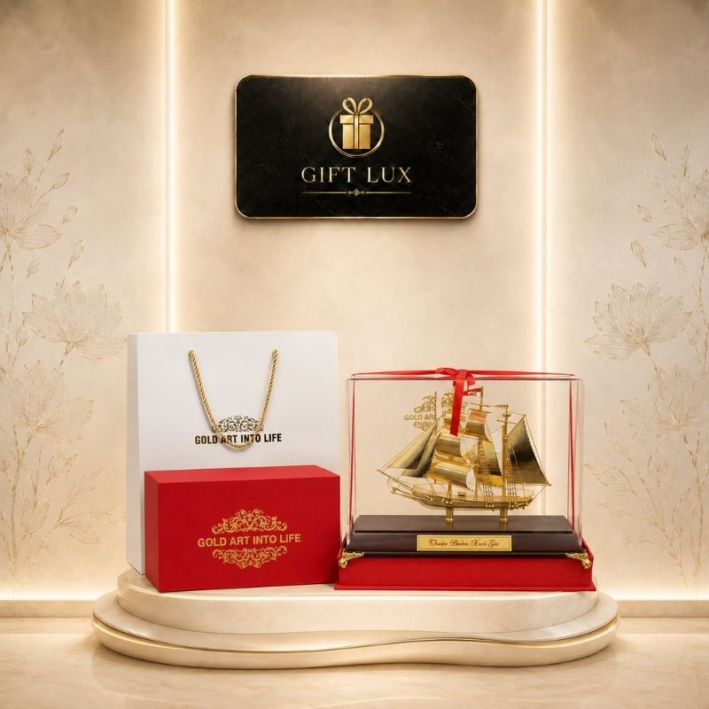 Mô hình thuyền buồm dát vàng 24K GL-MH01 sang trọng đi kèm hộp quà đỏ và túi xách đồng bộ